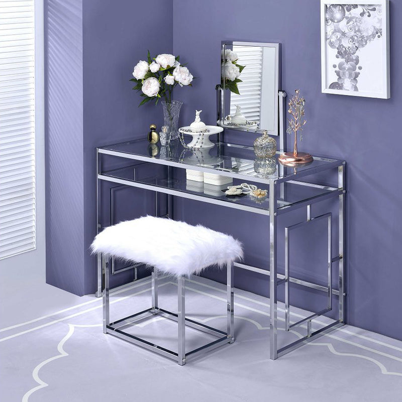 Dressing Table Cabinet in White Faux Fur & Chrome