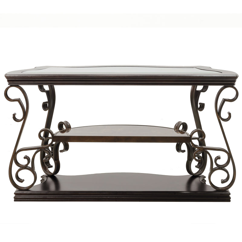Sofa Table, Glass table top, MDF W/marble paper middle shelf, powder coat finish metal legs.