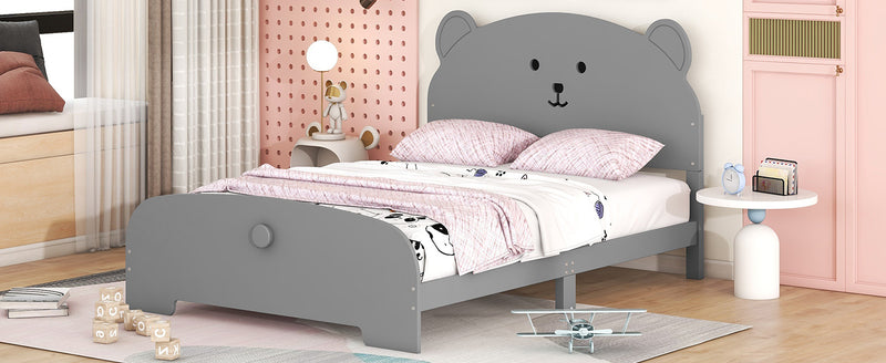 Full Size Wood Platform Bed with Bear-shaped Headboard and Footboard,Gray