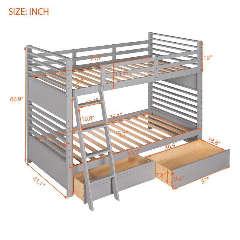 Twin over Twin Wood Bunk Bed with Two Drawers - Gray