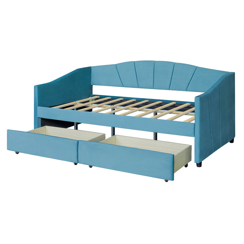 Upholstered daybed Twin Size with Two Drawers and Wood Slat Suppot ,Blue