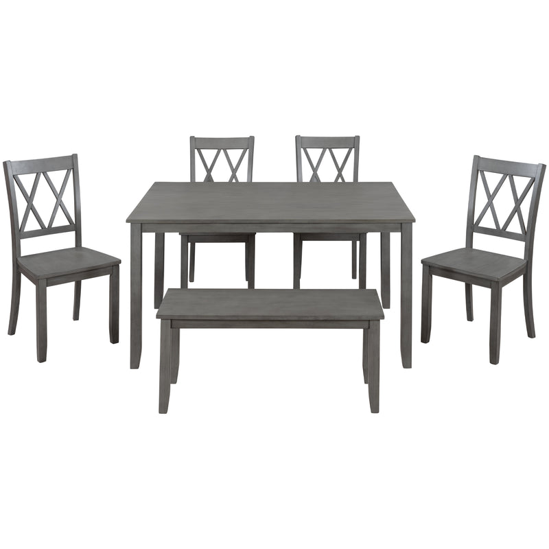 TOPMAX 6-piece Wooden Kitchen Table set, Farmhouse Rustic Dining Table set with Cross Back 4 Chairs and Bench,Antique Graywash