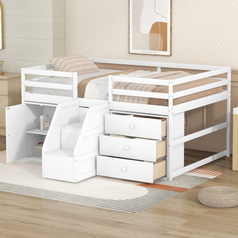 Full Size Functional Loft Bed with Cabinets and Drawers, Hanging Clothes at the back of the Staircase, White