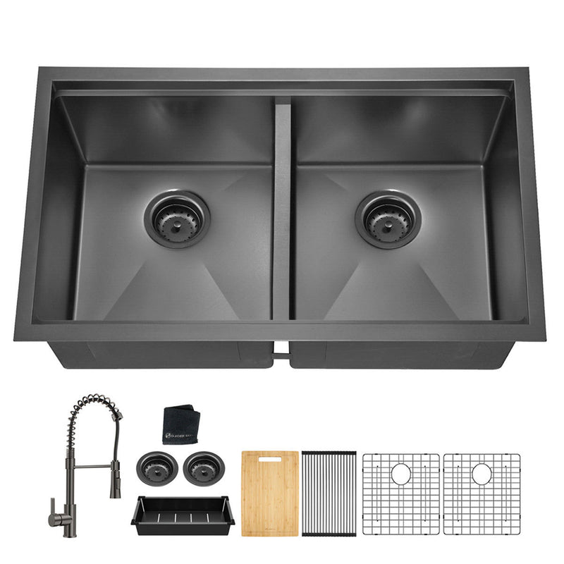 All In One  33x19Inch Undermount Gunmetal Black Double Bowl  Kitchen Sink 18 Guage Stainless Steel With Faucet