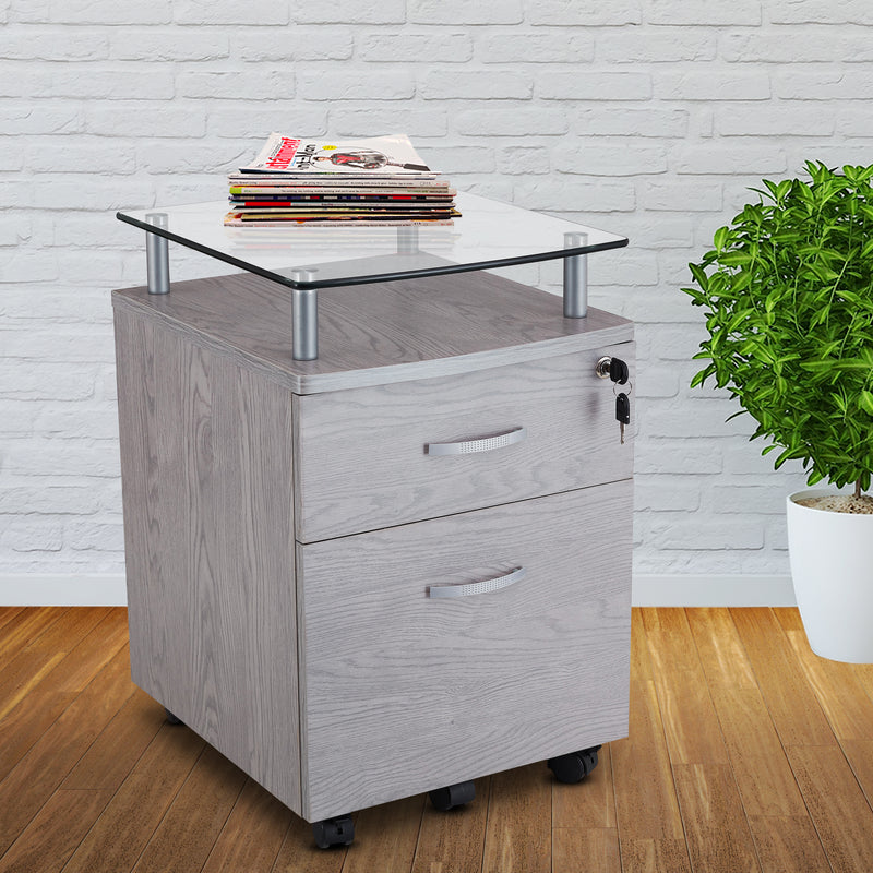 Techni Mobili Rolling File Cabinet with Glass Top, Grey