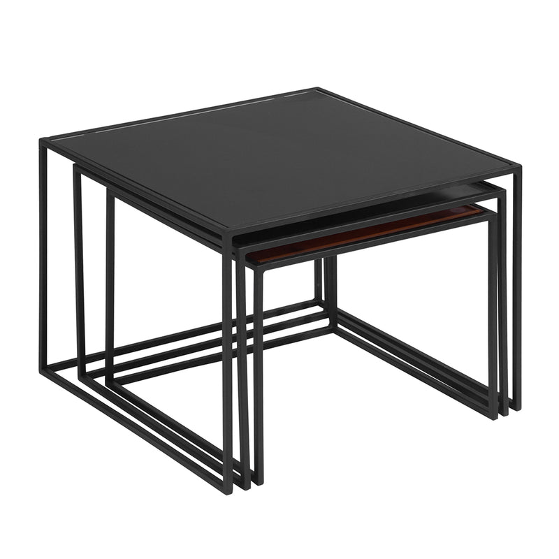 3-Piece Mirror Top Nesting Coffee Table End/Side Table Set in Black Steel Tube