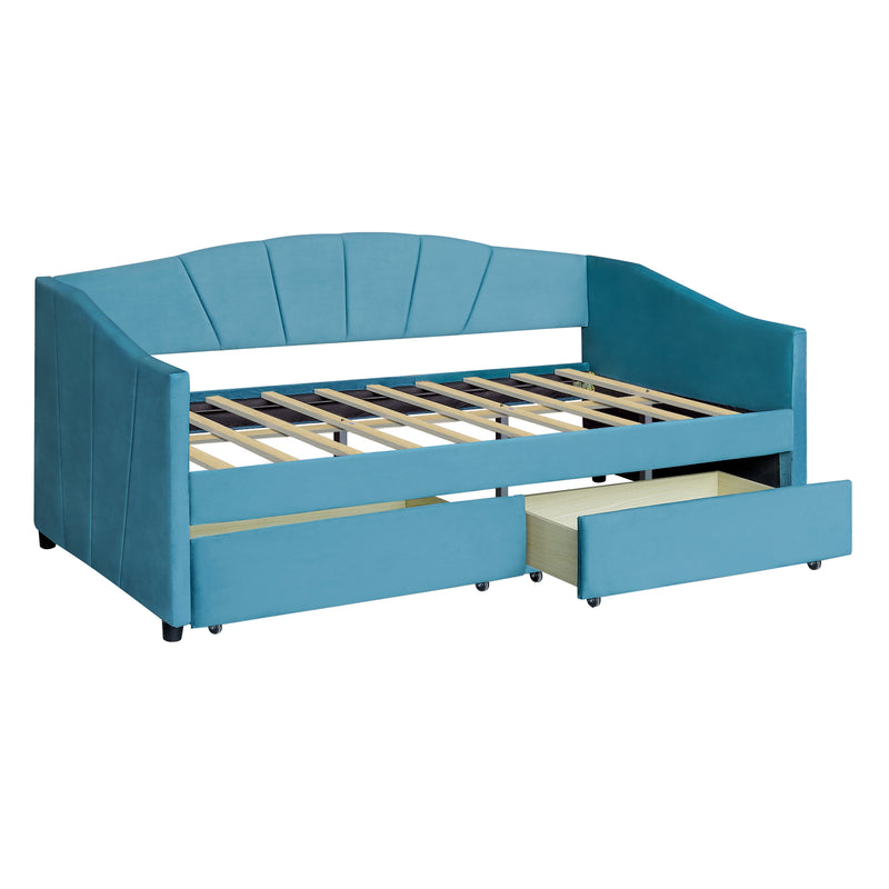 Upholstered daybed Twin Size with Two Drawers and Wood Slat Suppot ,Blue