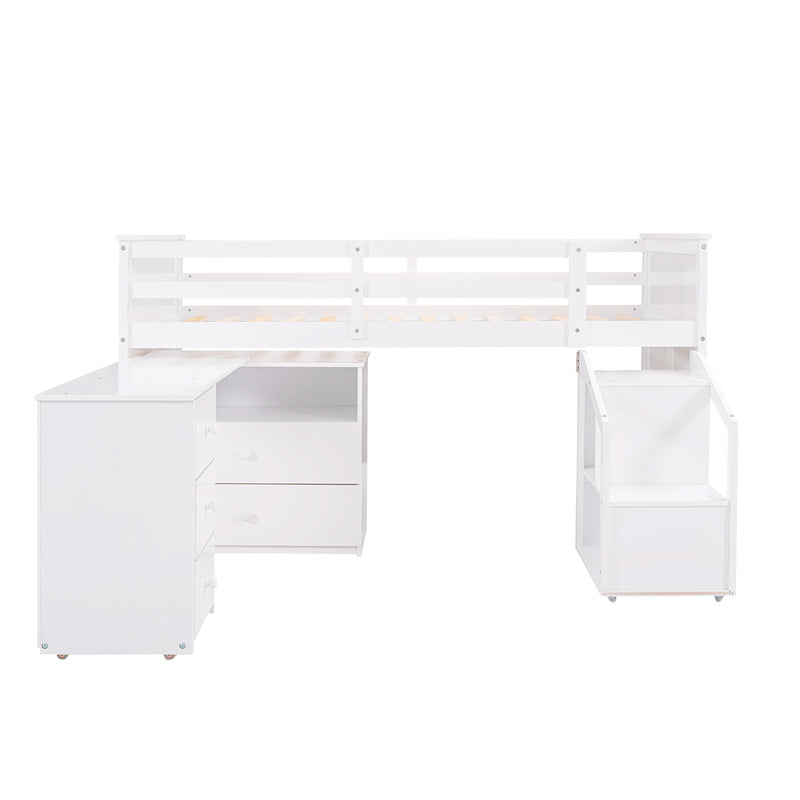 Loft Bed Low Study Twin Size Loft Bed With Storage Steps and Portable,Desk,White
