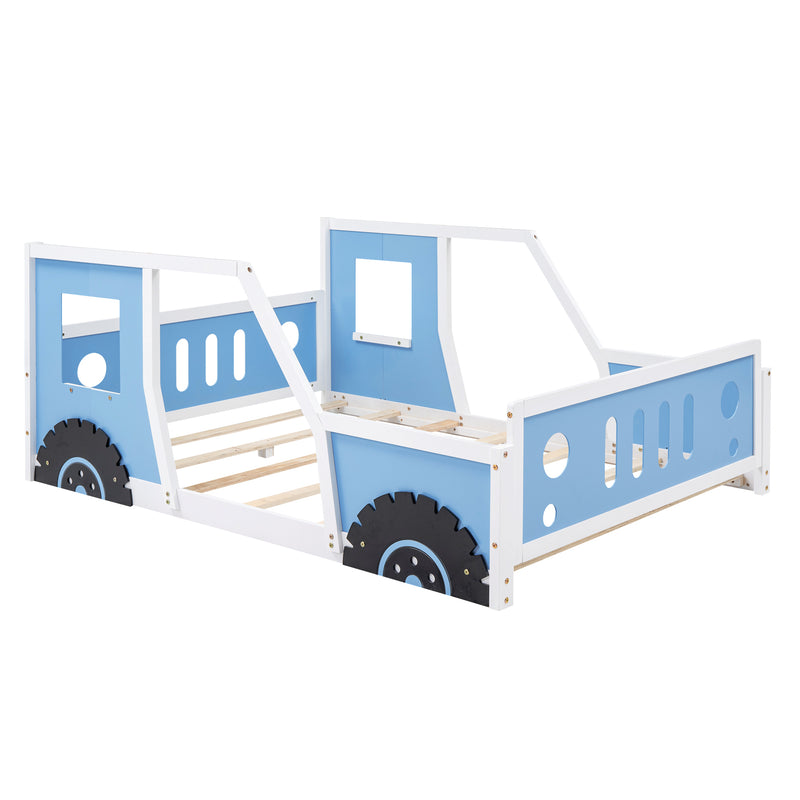 Full Size Classic Car-Shaped Platform Bed with Wheels,Blue