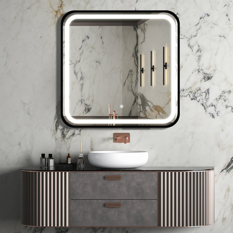 32*32 inch Bathroom Led Classy Vanity Mirror with High Lumen,Black metal frame,Dimmable Touch,Wall Switch Control, Anti-Fog ,CRI 95 Adjustable 3000K-4500K-6000K ,IP54 Waterproof Energy savin