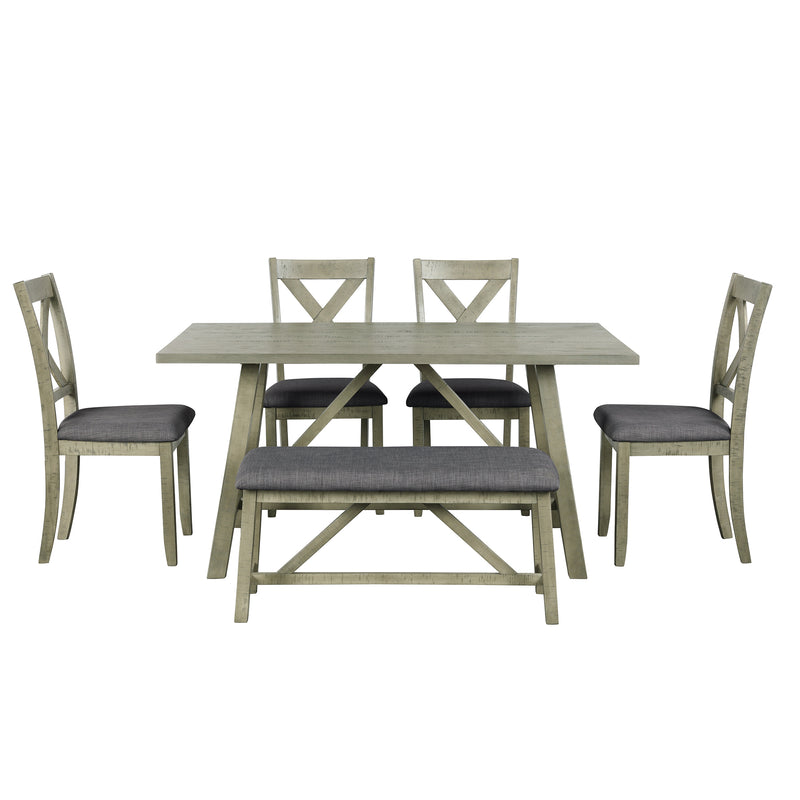 TOPMAX 6 Piece Dining Table Set Wood Dining Table and chair Kitchen Table Set with Table, Bench and 4 Chairs, Rustic Style, Gray(No Difference with SH000109AAE）