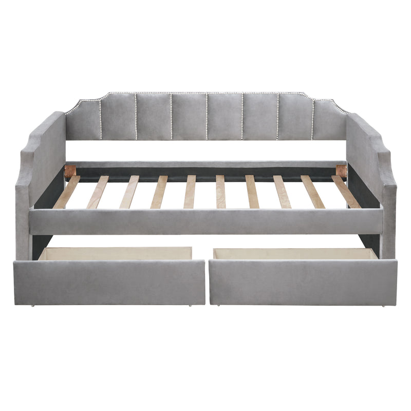 Twin Size Upholstered daybed with Drawers, Wood Slat Support, Gray