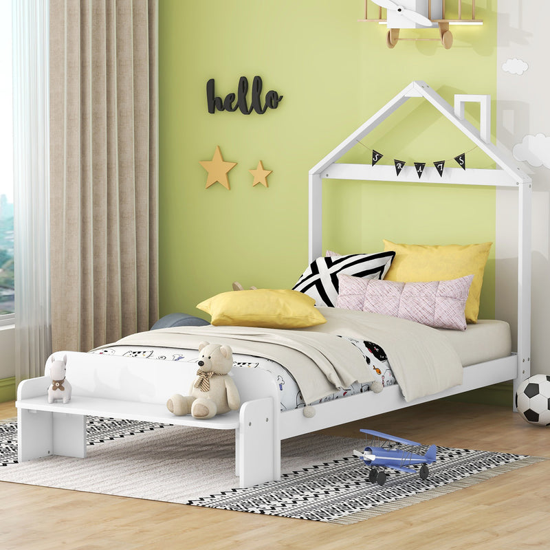 Twin Size Wood Platform Bed with House-shaped Headboard and Footboard Bench,White