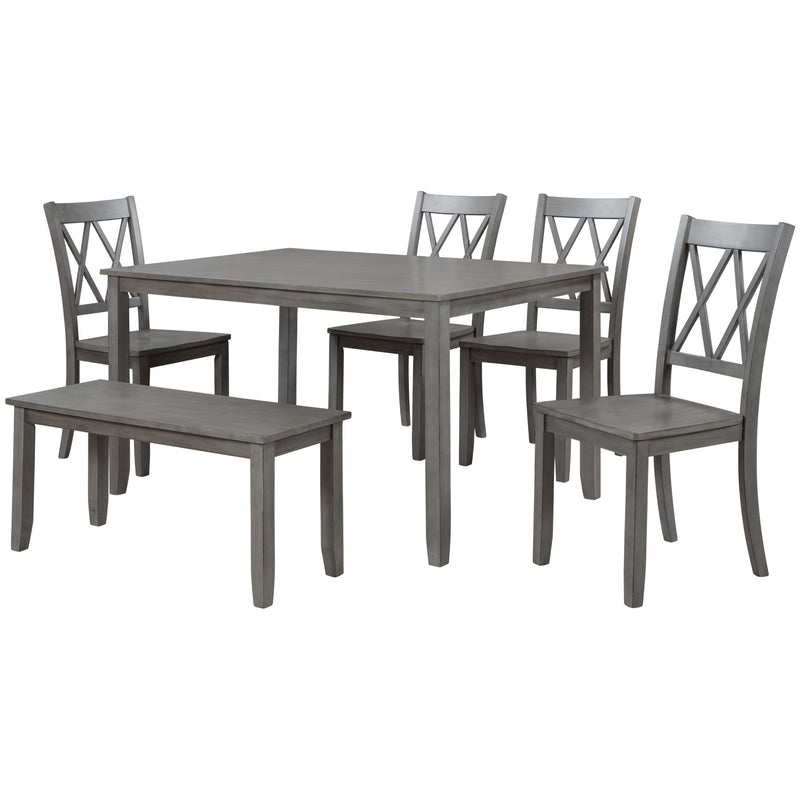 TOPMAX 6-piece Wooden Kitchen Table set, Farmhouse Rustic Dining Table set with Cross Back 4 Chairs and Bench,Antique Graywash