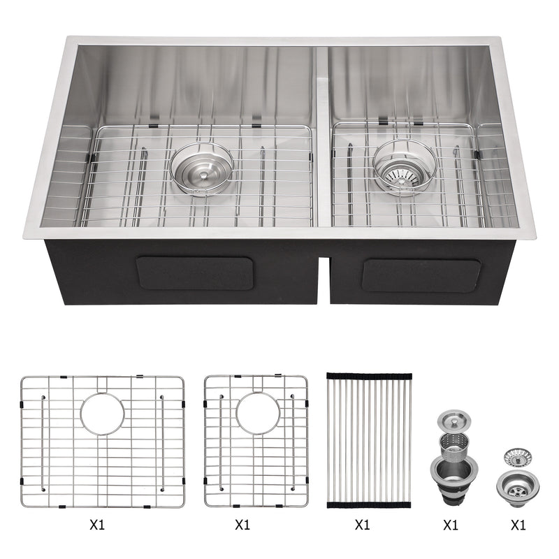 Double Bowl(60/40) Undermount Sink- 28"x19" Double Bowl Kitchen Sink 16 Gauge with Two 10" Deep Basin