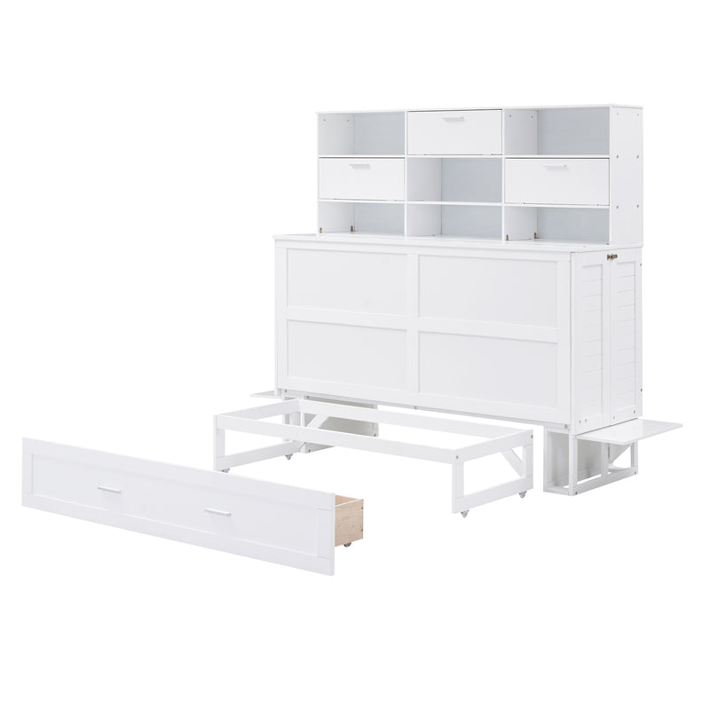 Queen Size Murphy Bed with Bookcase, Bedside Shelves and a Big Drawer, White