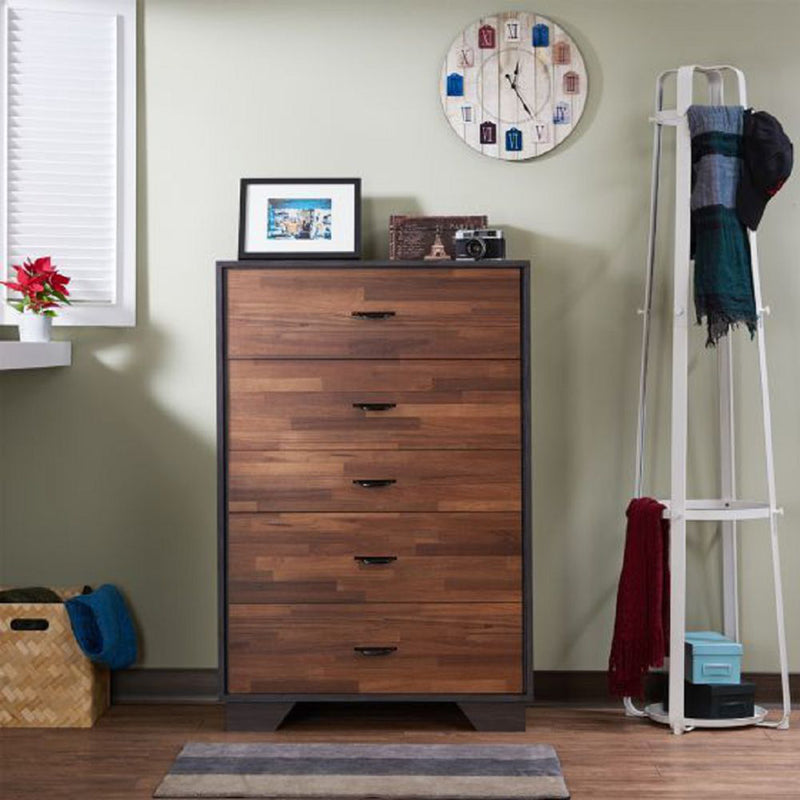 5 Drawers Chest Wood Cabinet in Walnut & Espresso