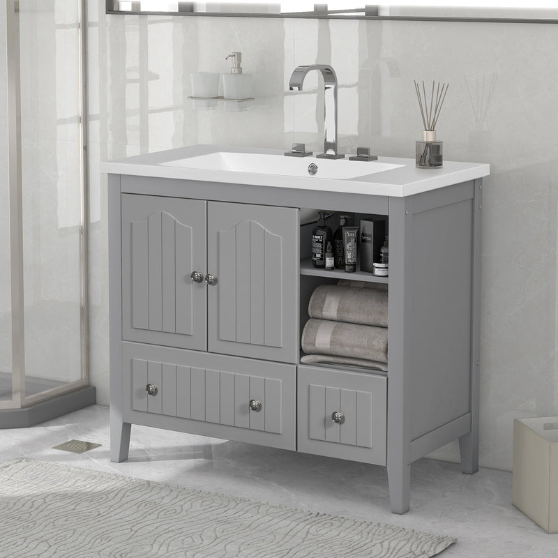 [VIDEO] 36" Bathroom Vanity with Ceramic Basin, Bathroom Storage Cabinet with Two Doors and Drawers, Solid Frame, Metal Handles, Grey