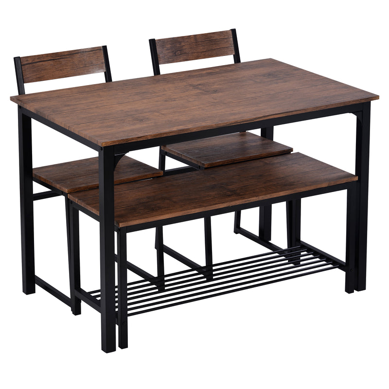 4 Piece Dining Set for 4 Kitchen Table Set Computer Desk with 2 Chairs and Bench for Home Dining Room, Brown