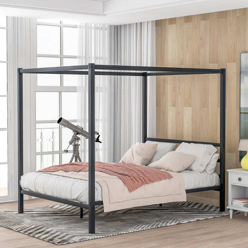 Queen Metal Framed Canopy Platform Bed with Built-In Headboard No Box Spring Needed Classic Design Black/White/Silver[US-Depot]