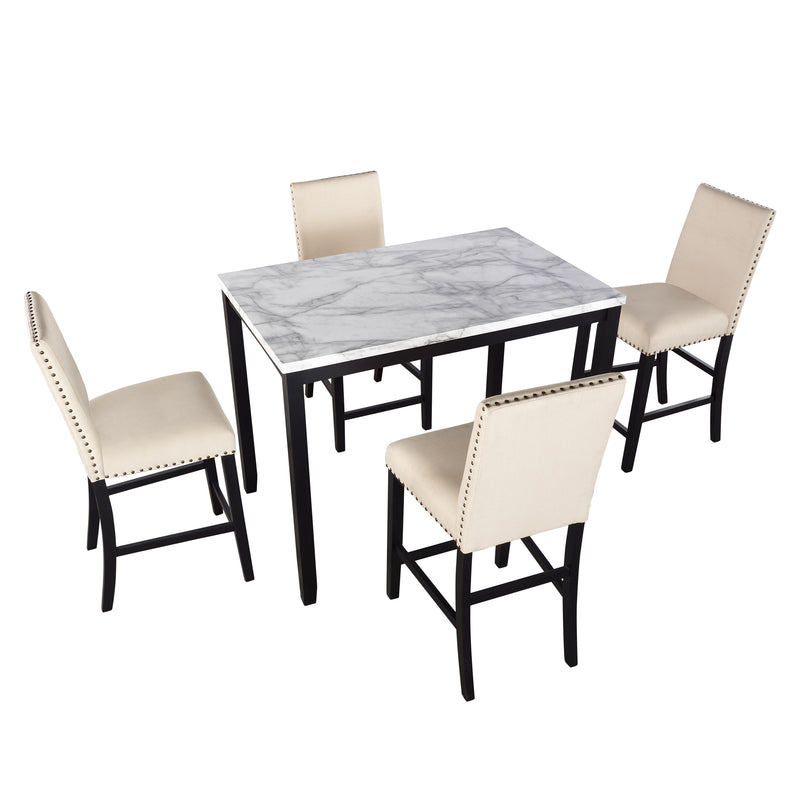 5 Piece Counter Height Faux Marble Modern Dining Set with Matching Chairs and Marble Veneer for Home, Beige