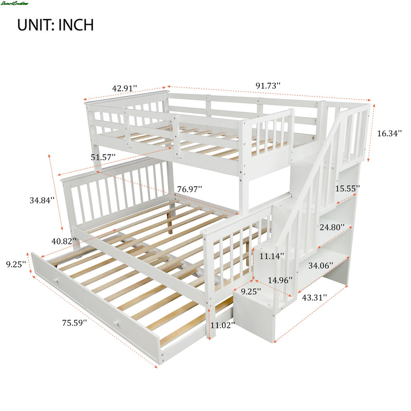 Stairway Twin-Over-Full Bunk Bed With Twin Size Trundle, Storage And Guard Rail For Bedroom, Dorm, For Kids, Adults