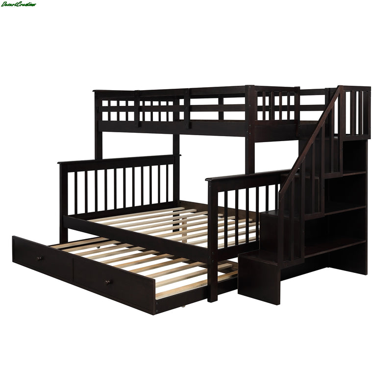 Stairway Twin-Over-Full Bunk Bed With Twin Size Trundle, Storage And Guard Rail For Bedroom, Dorm, For Kids, Adults