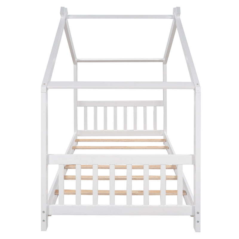 Twin Size House Platform Bed with Headboard and Footboard Roof Design Two Colors Bedroom Furniture
