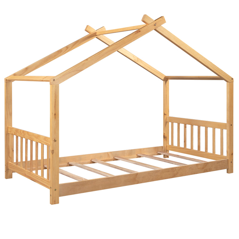 Twin Size House Platform Bed with Headboard and Footboard Roof Design Two Colors Bedroom Furniture