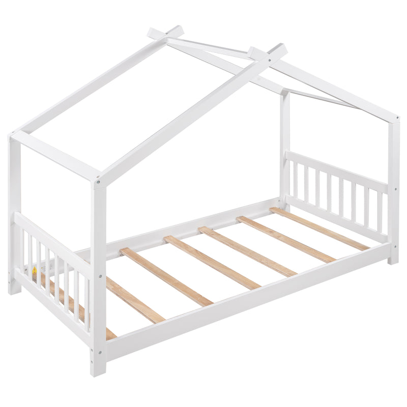 Twin Size House Platform Bed with Headboard and Footboard Roof Design Two Colors Bedroom Furniture