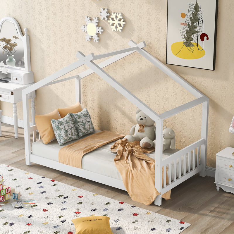 Twin Size House Platform Bed with Headboard and Footboard Roof Design Two Colors Bedroom Furniture