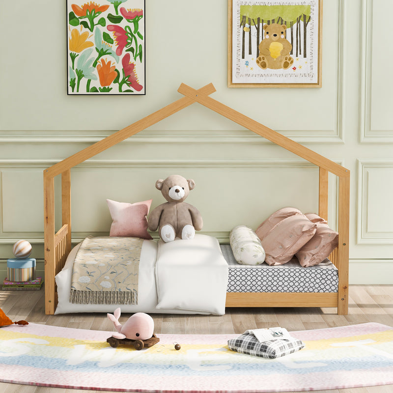 Twin Size House Platform Bed with Headboard and Footboard Roof Design Two Colors Bedroom Furniture