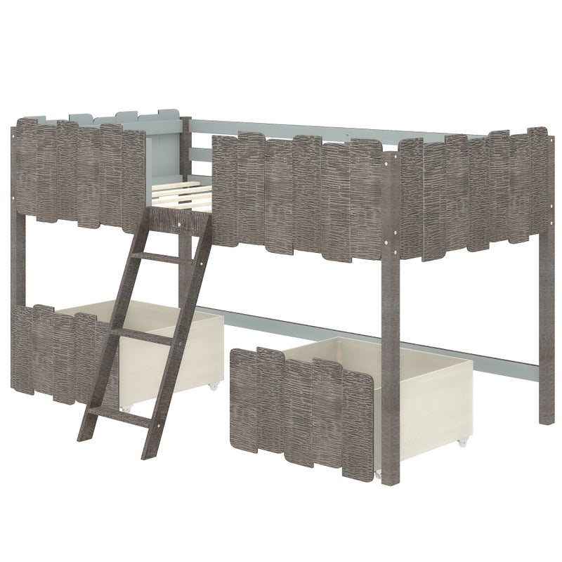 Twin Size Rustic Loft Bed with Two Drawers,Gray