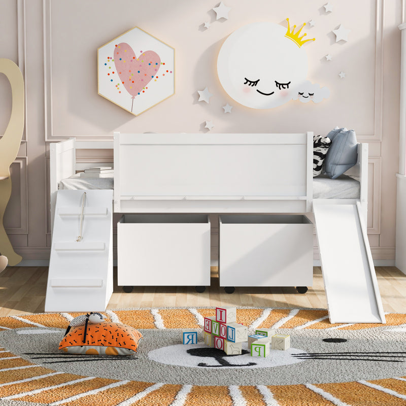 Twin size Low Loft Bed Wooden Bed with Two Storage Boxes-White