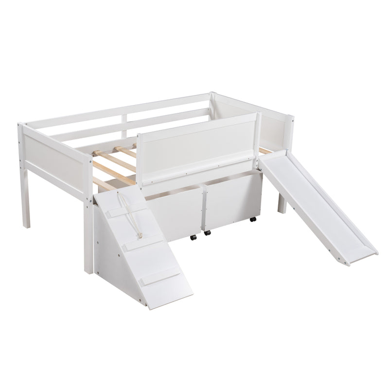 Twin size Low Loft Bed Wooden Bed with Two Storage Boxes-White
