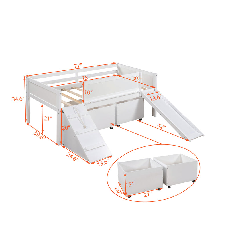 Twin size Low Loft Bed Wooden Bed with Two Storage Boxes-White