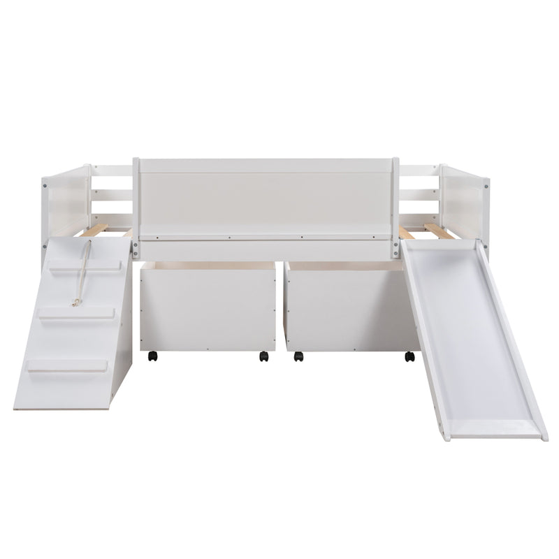 Twin size Low Loft Bed Wooden Bed with Two Storage Boxes-White