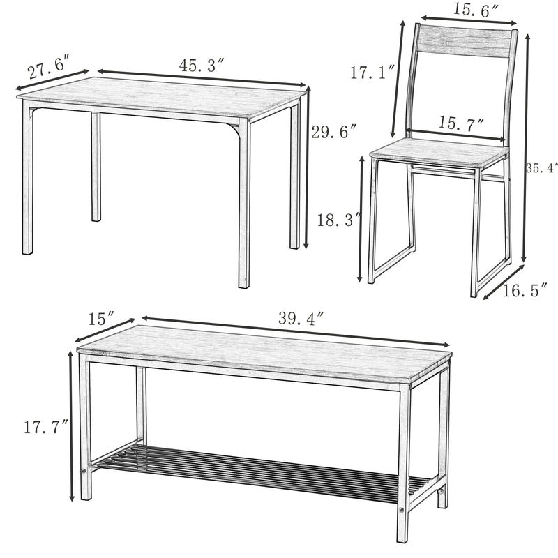 4 Piece Dining Set for 4 Kitchen Table Set Computer Desk with 2 Chairs and Bench for Home Dining Room, Brown