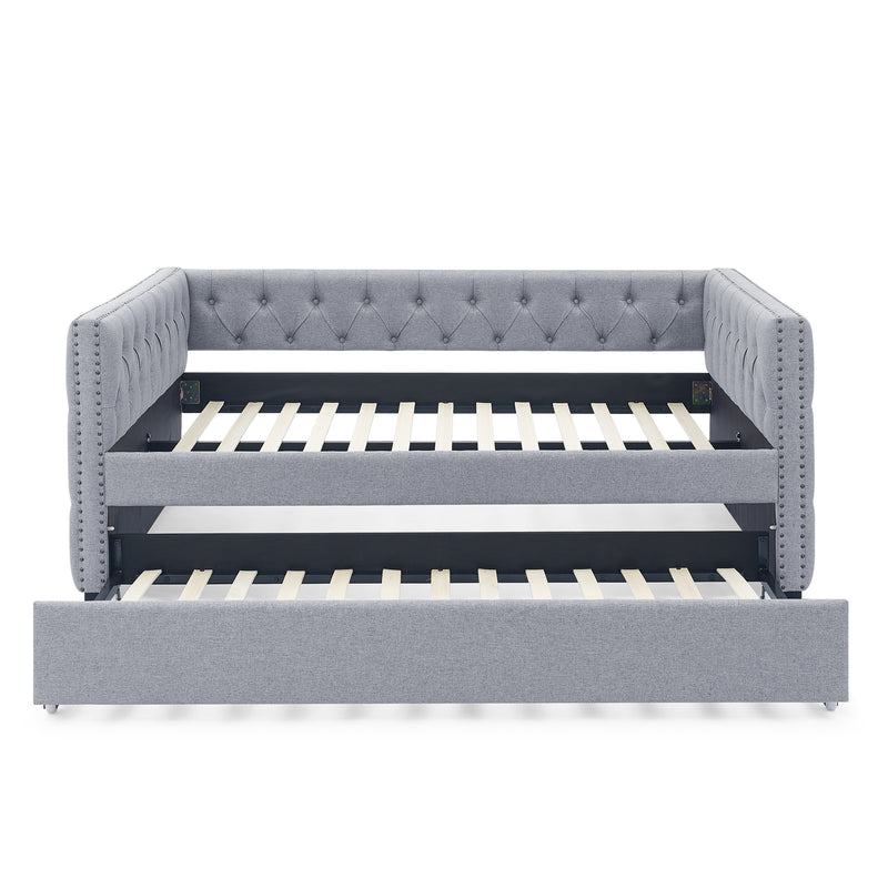 Daybed with Trundle Upholstered Tufted Sofa Bed, with Button and Copper Nail on Square Arms，Full Daybed & Twin Trundle, Grey（86“x57”x33.5“）