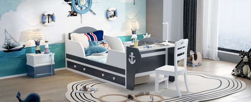 Twin Size Boat-Shaped Platform Bed with Two Drawers,Twin Bed with Desk and Chair for Bedroom,White+Gray