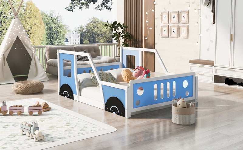 Full Size Classic Car-Shaped Platform Bed with Wheels,Blue