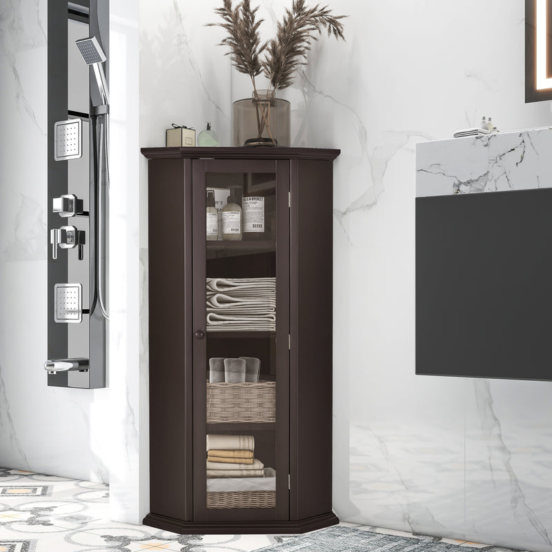 Freestanding Bathroom Cabinet with Glass Door, Corner Storage Cabinet for Bathroom, Living Room and Kitchen, MDF Board with Painted Finish, Brown