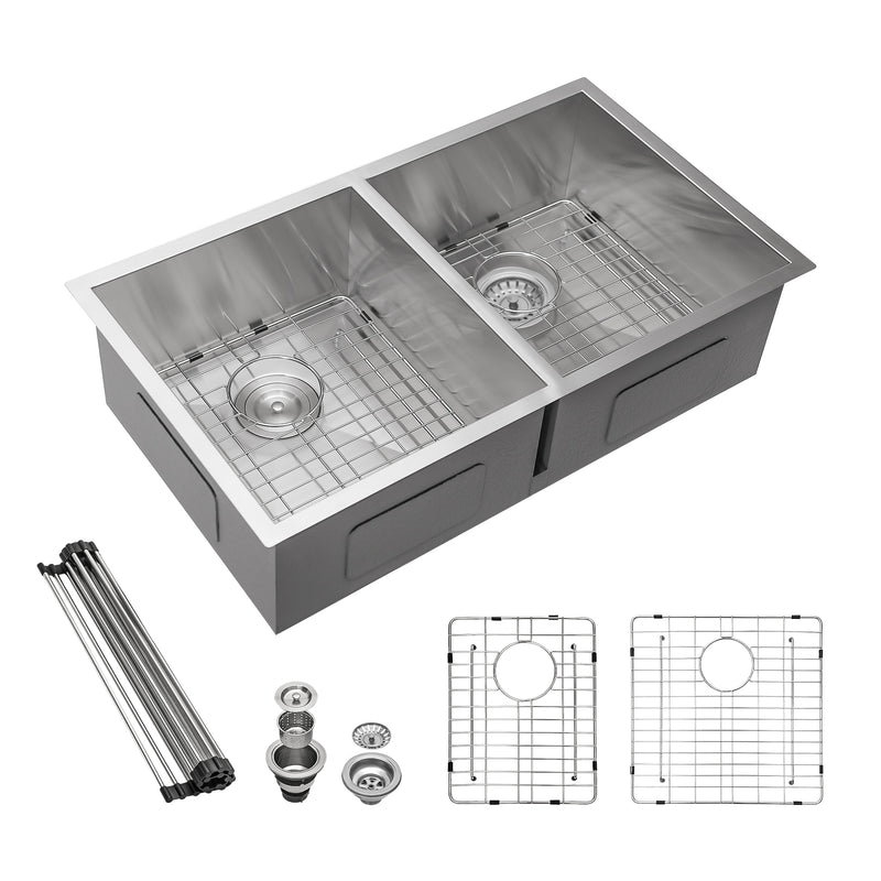 32x18 Undermount Double Bowl Kitchen Sink 50/50 18 Gauge Stainless Steel Offset Drain with 9 Inch Deep Double Bowl Sink