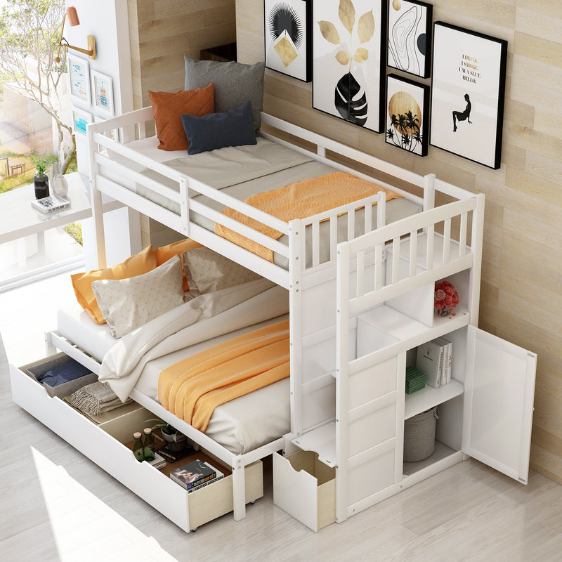 Twin over Full/Twin Bunk Bed, Convertible Bottom Bed, Storage Shelves and Drawers, White