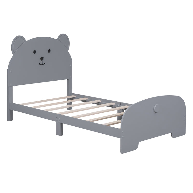 Twin Size Wood Platform Bed with Bear-shaped Headboard and Footboard,Gray