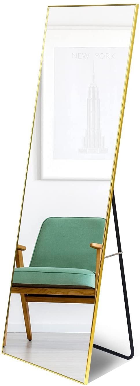 Full Length Mirror, Floor Mirror with Stand, Dressing Mirror , Bedroom Mirror with Aluminium Frame 65"x22", Gold
