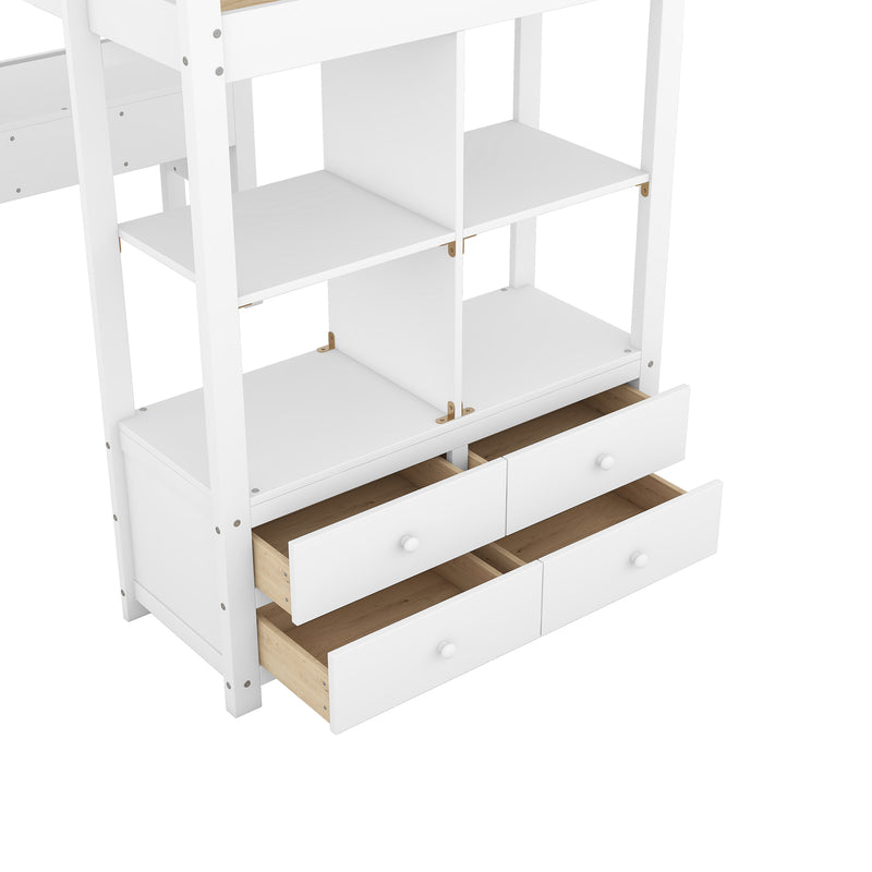 Twin  Size Loft Bed with Built-in Desk with Two Drawers, and Storage Shelves and Drawers,White