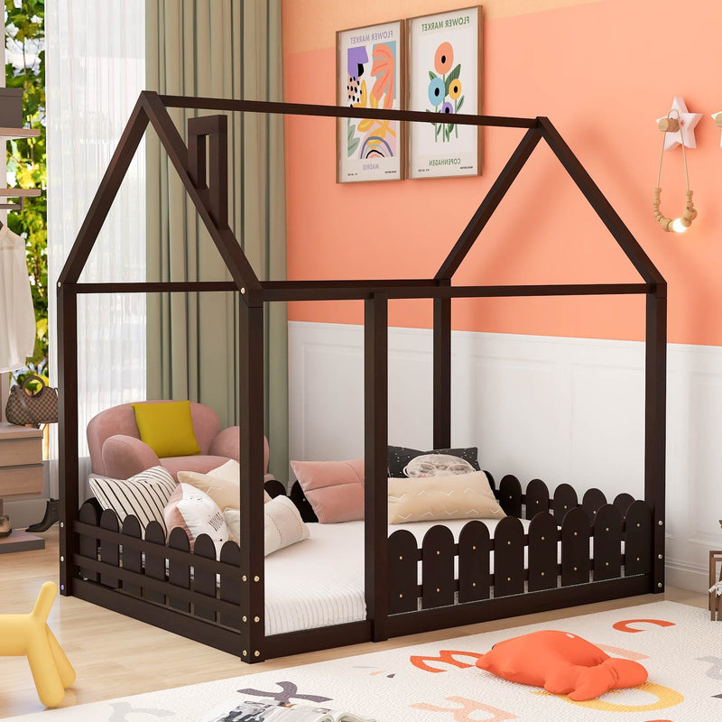 （Slats are not included) Full Size Wood Bed House Bed Frame with Fence, for Kids, Teens, Girls, Boys (Espresso )