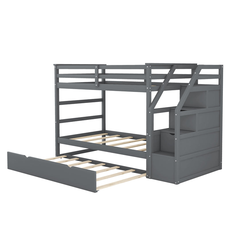 Twin-Over-Twin Bunk Bed with Twin Size Trundle and 3 Storage Stairs,Gray