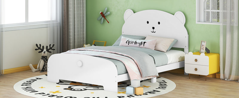 Full Size Wood Platform Bed with Bear-shaped Headboard and Footboard,White
